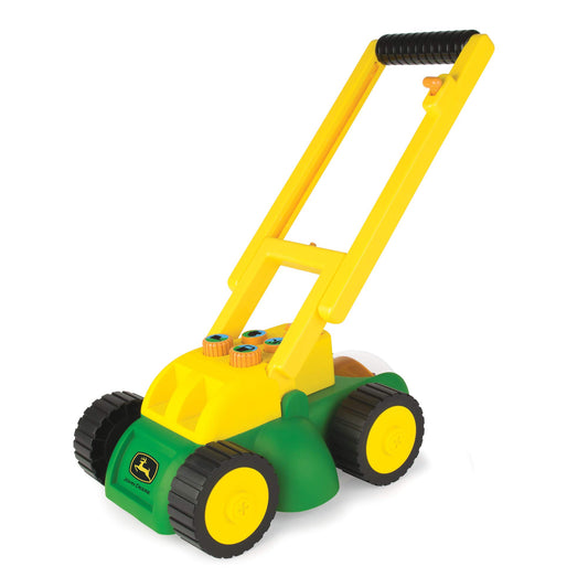 John Deere Tomy lawn mower front view with authentic branding and play value.