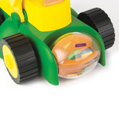 John Deere Tomy lawn mower rotating grass clippings for realistic pretend play.
