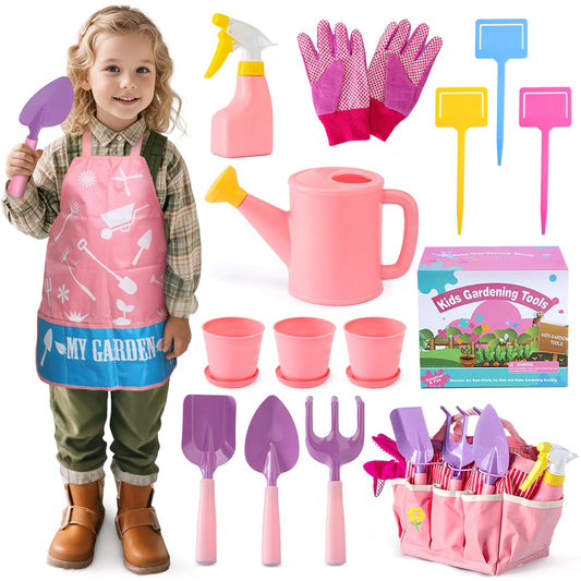 JOI MEW Kids Pink Gardening Tools Set with rake for safe outdoor play