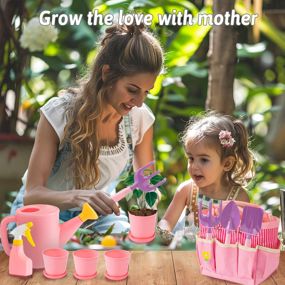 JOI MEW Kids Pink Gardening Tools Set tote bag for easy carry