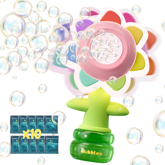 JOI MEW pink flower bubble gun emitting dense bubbles for outdoor play.