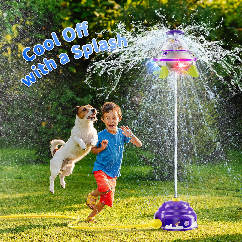 JOI MEW UFO water sprinkler offers 360-degree spin for active play