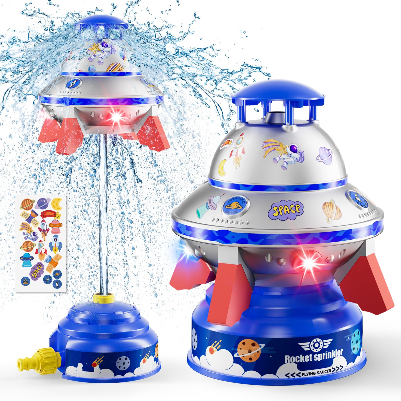 JOI MEW UFO water sprinkler with lights and spinning saucer for outdoor play.
