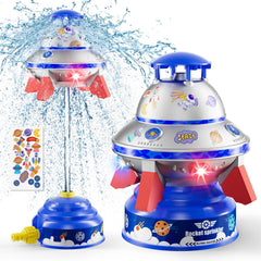 JOI MEW UFO water sprinkler with lights and spinning saucer for outdoor play.