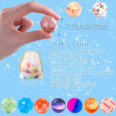 JOICEE bouncy balls nine-styles display for creative games and color-coordinated activities.