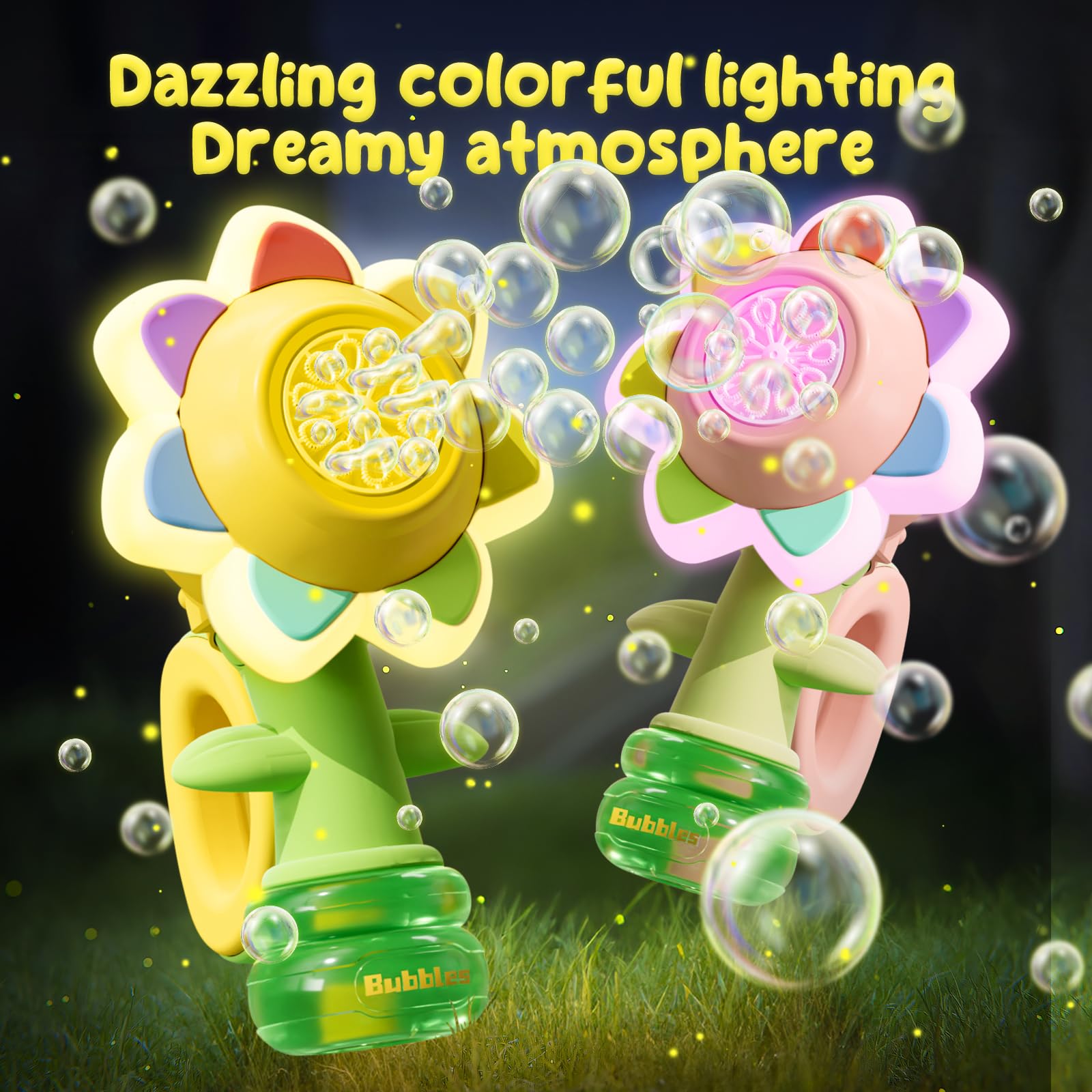 JOI MEW bubble guns in action with dancing bursts and kid-friendly design