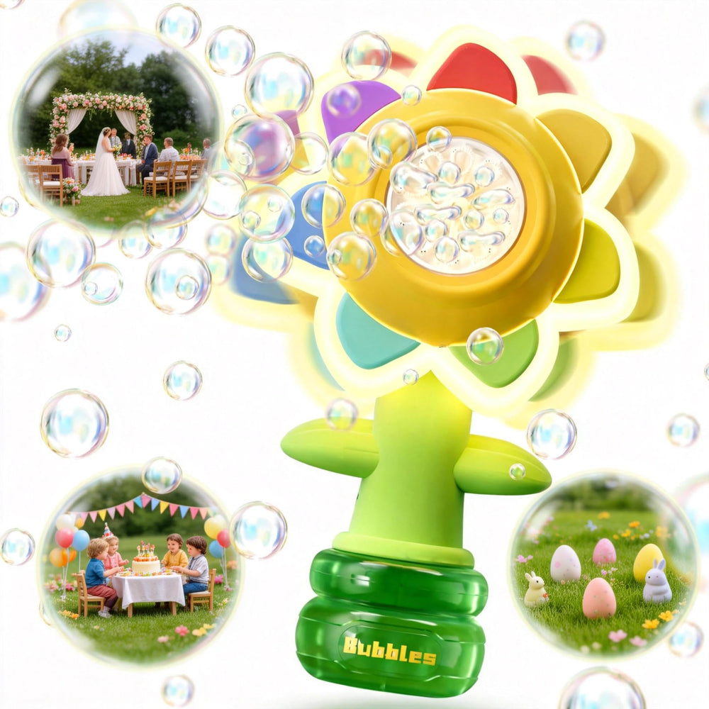 JOI MEW rechargeable flower bubble gun with yellow LED lights for outdoor fun.