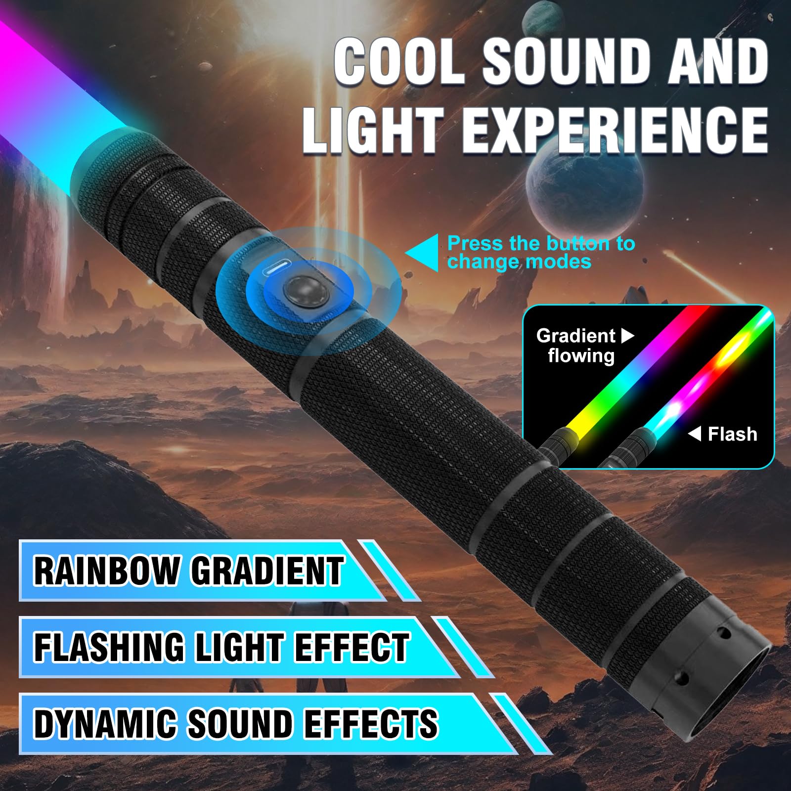 JOINBO LED saber shows seven color modes for dynamic play.