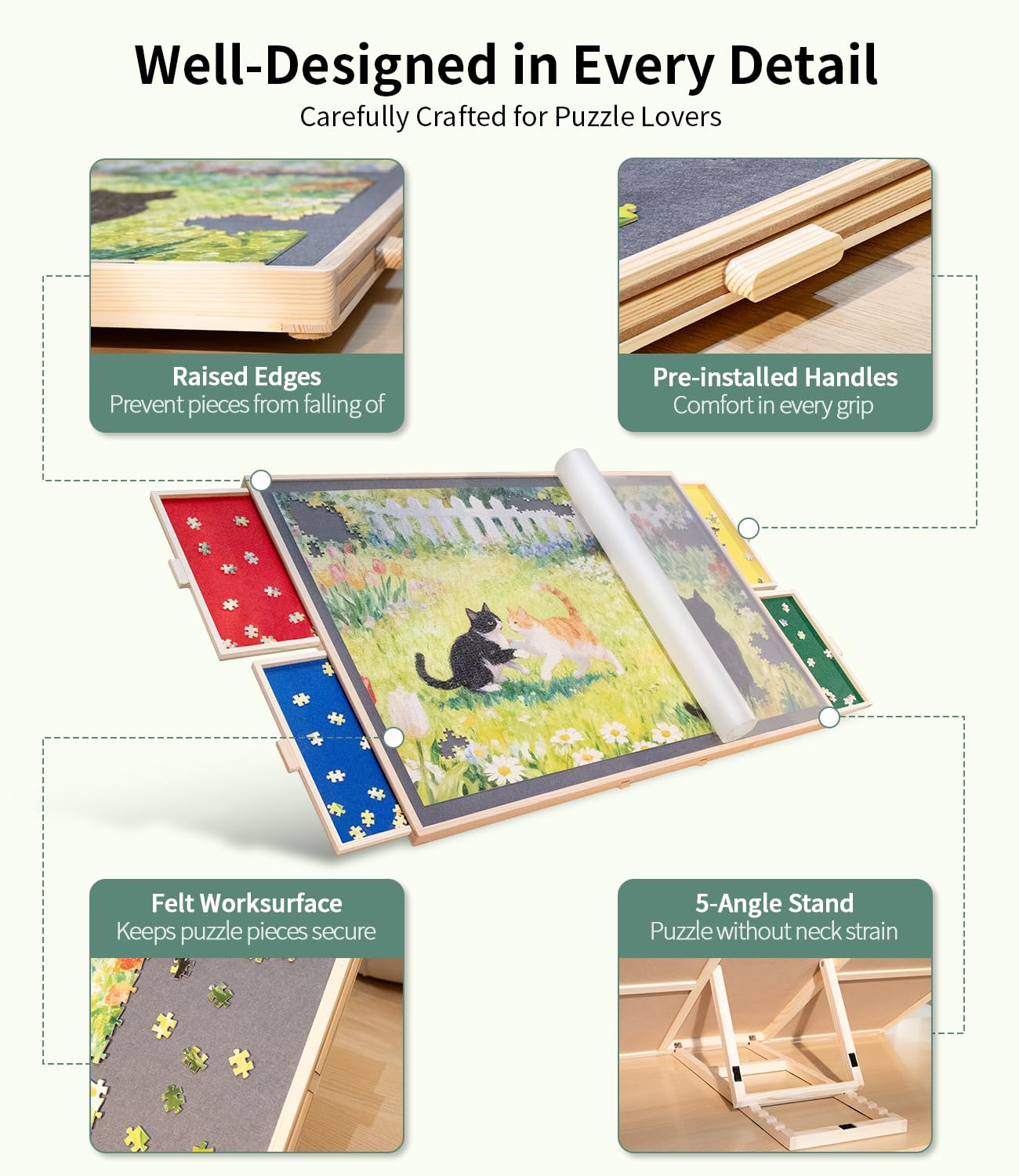 JOIN&JOY puzzle board color-coded drawers organize pieces by color and edge.