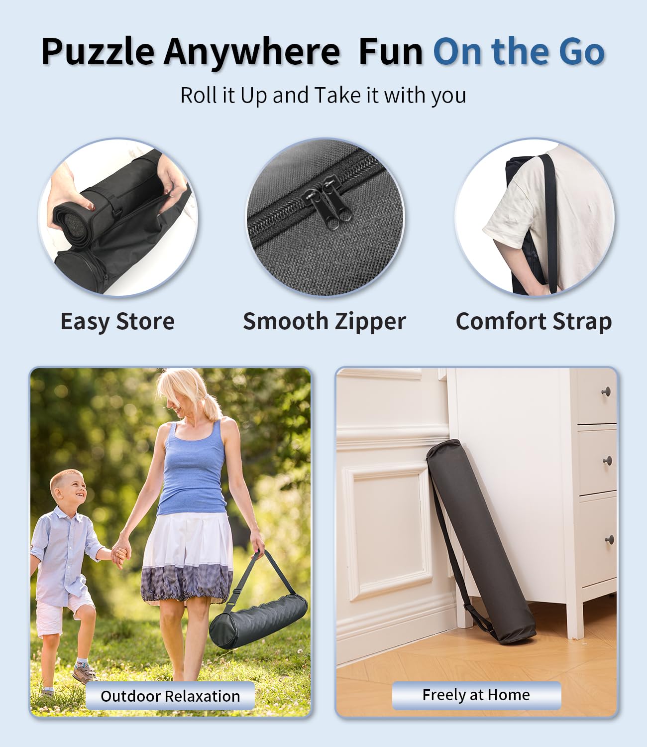 JOIN&JOY puzzle mat rollup storage bag keeps everything portable and secure.