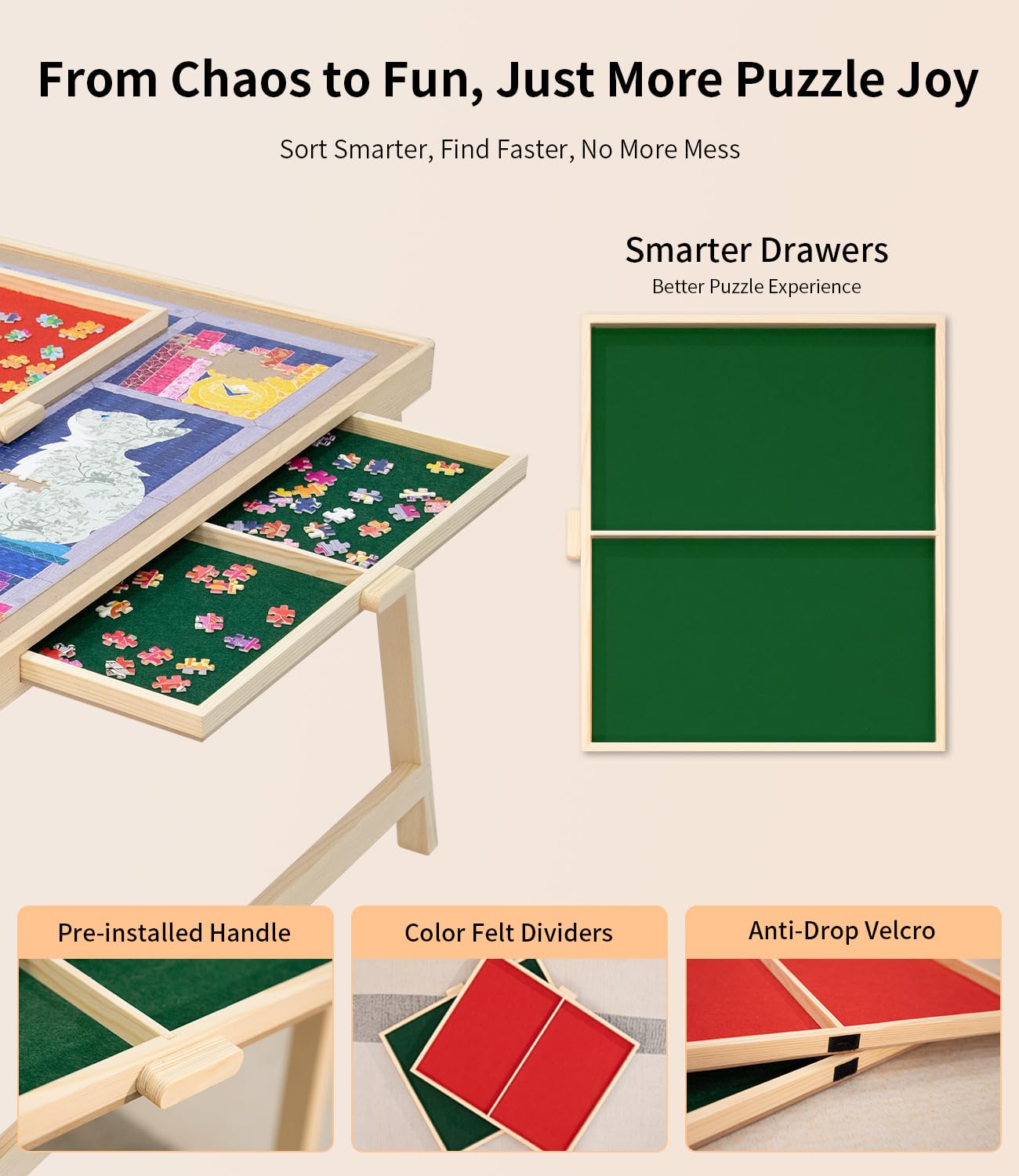 JOIN&JOY puzzle table showing drawers and translucent covers for organization