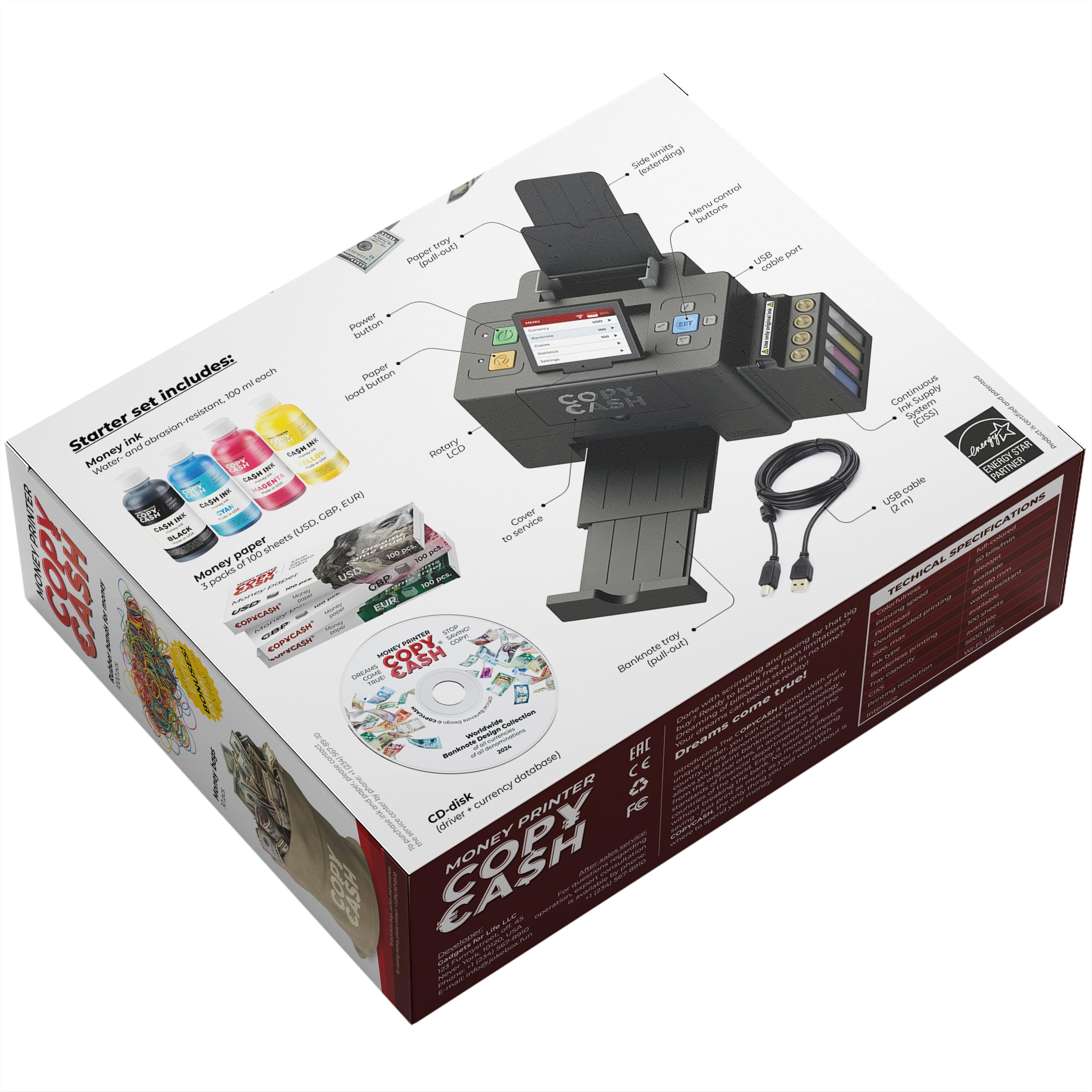 Jokebox CopyCash prank box side angle highlighting sturdy cardboard and easy gifting