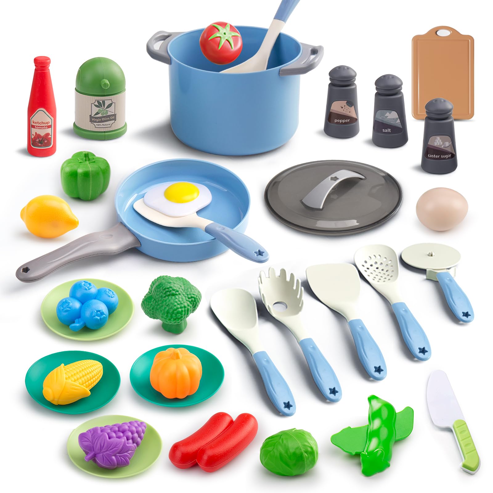 JOKERKING 35-piece kids kitchen blue set with durable pretend cookware