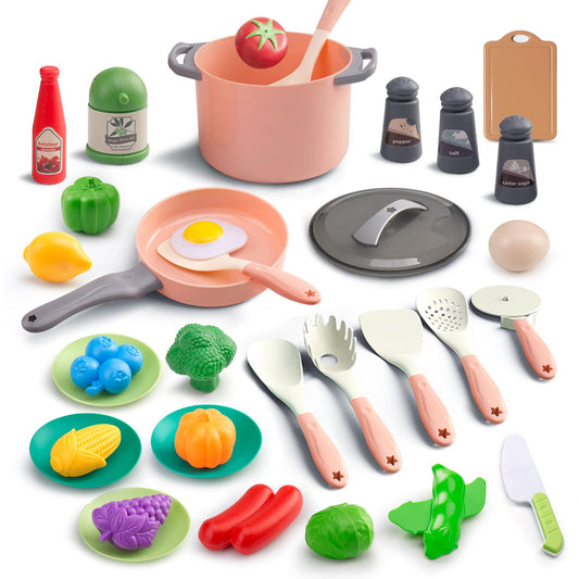 JokerKing 35-piece kids kitchen set with pink pots and pans for imaginative play