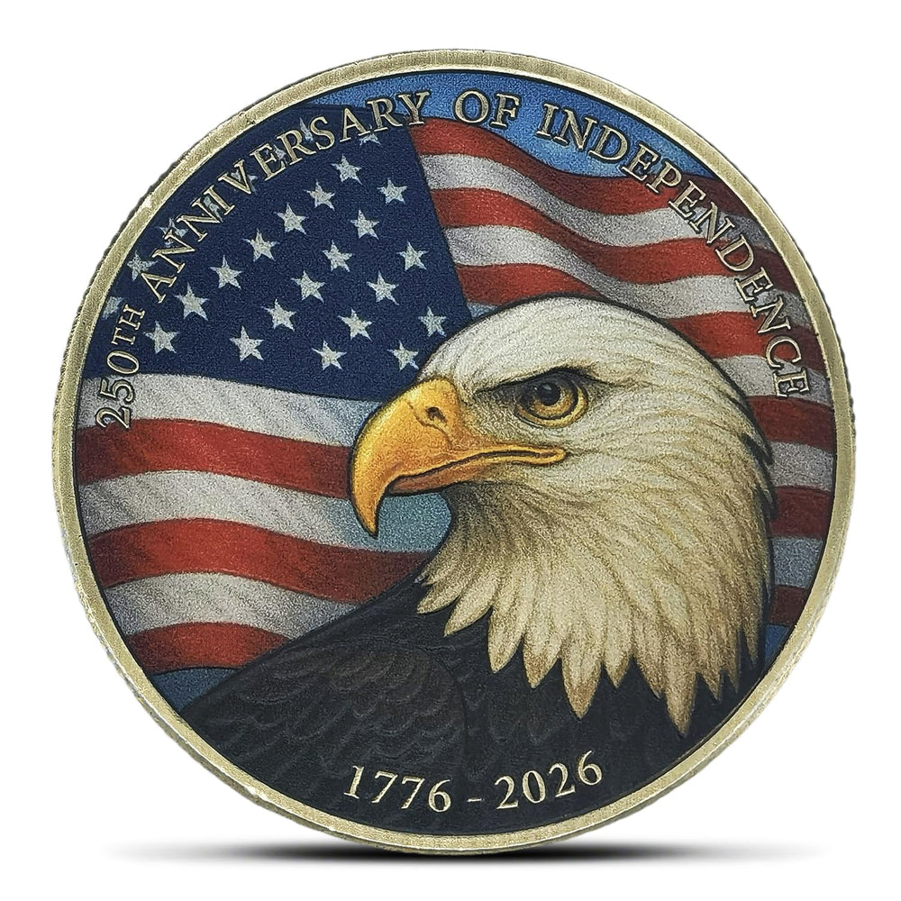 Jokimu 250th anniversary coin with the bald eagle against the U.S. flag for display.