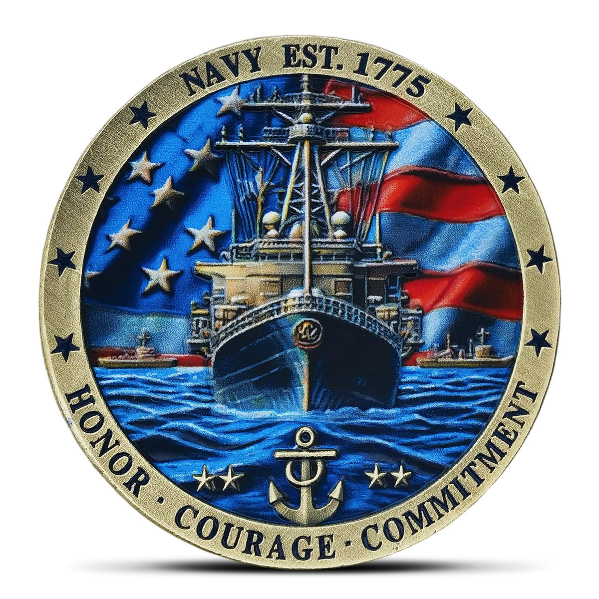 Jokimu US Navy Sailor's Creed coin front: vivid ship design for display and pride