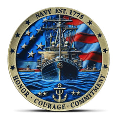 Jokimu US Navy Sailor's Creed coin front: vivid ship design for display and pride