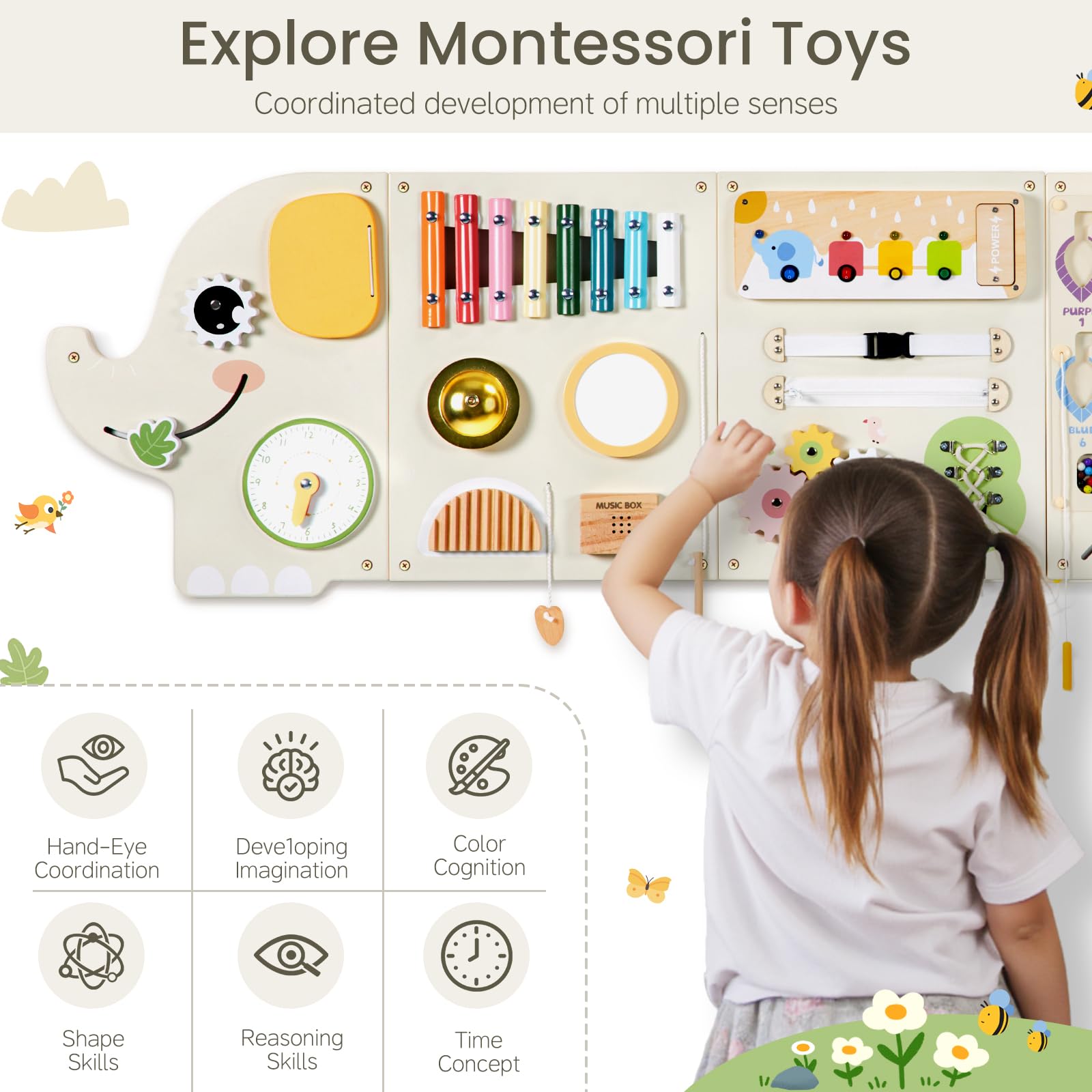 Jolie Vallée Elephant wall panel activity enhances hand-eye coordination