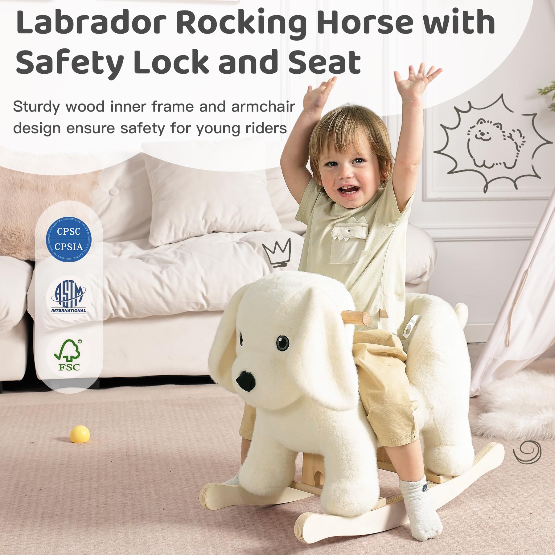Three-side seat design offers secure rocking for little ones