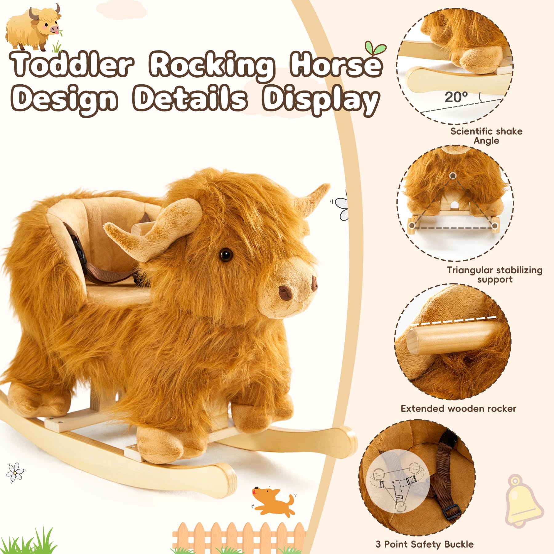 JOLIE VALLÉE TOYS & HOME Highlander cattle rocking horse close-up solid wood texture