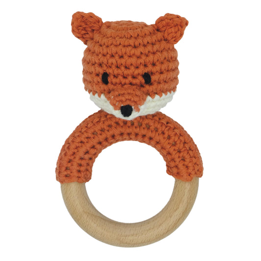Joliecraft Safari Fox Rattle with wooden teether for soothing newborns.