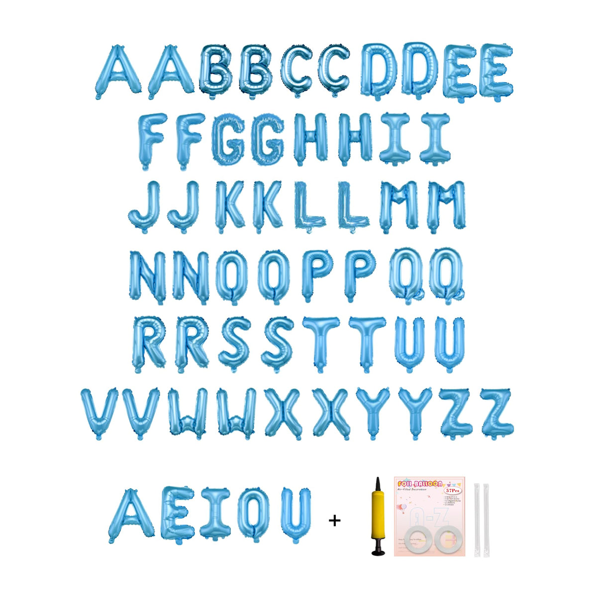 Jolixiraz 58-piece letter balloons A-Z in baby blue for customizable banners.
