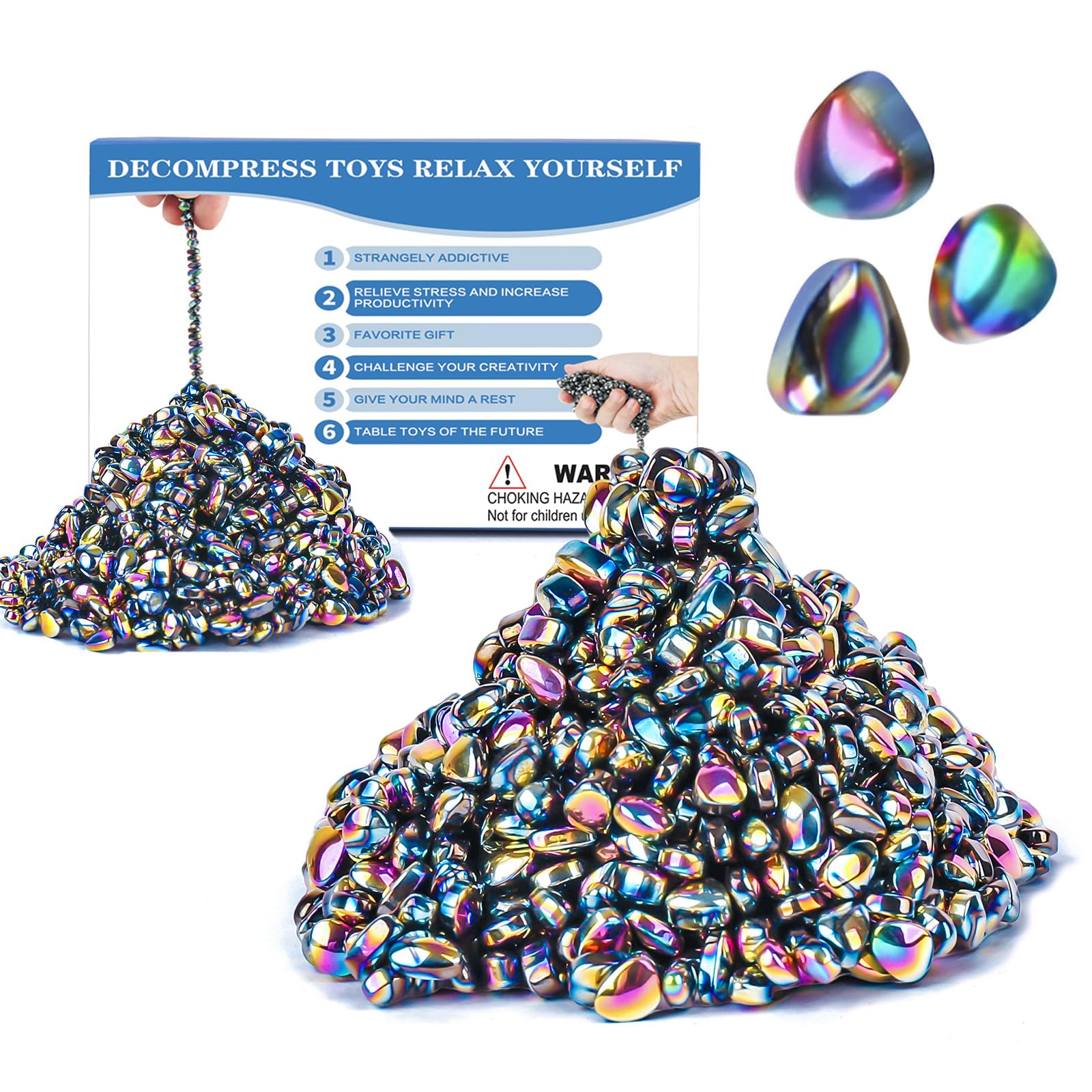 Jollicube 550pcs desk fidget stones in a tin for tactile stress relief at work.