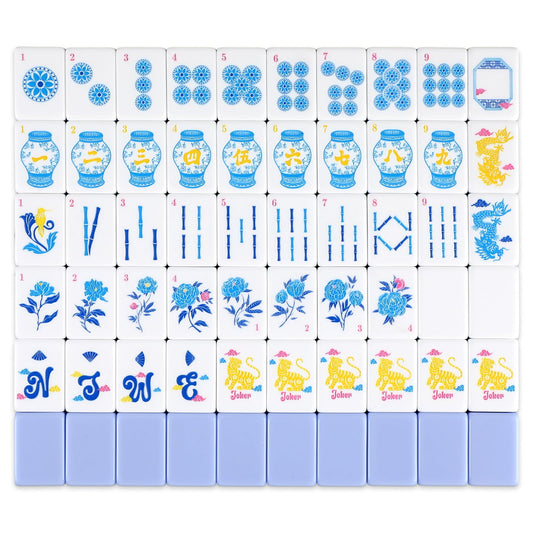 JolliLudo blue acrylic mahjong tiles close-up showing crisp engravings for premium play