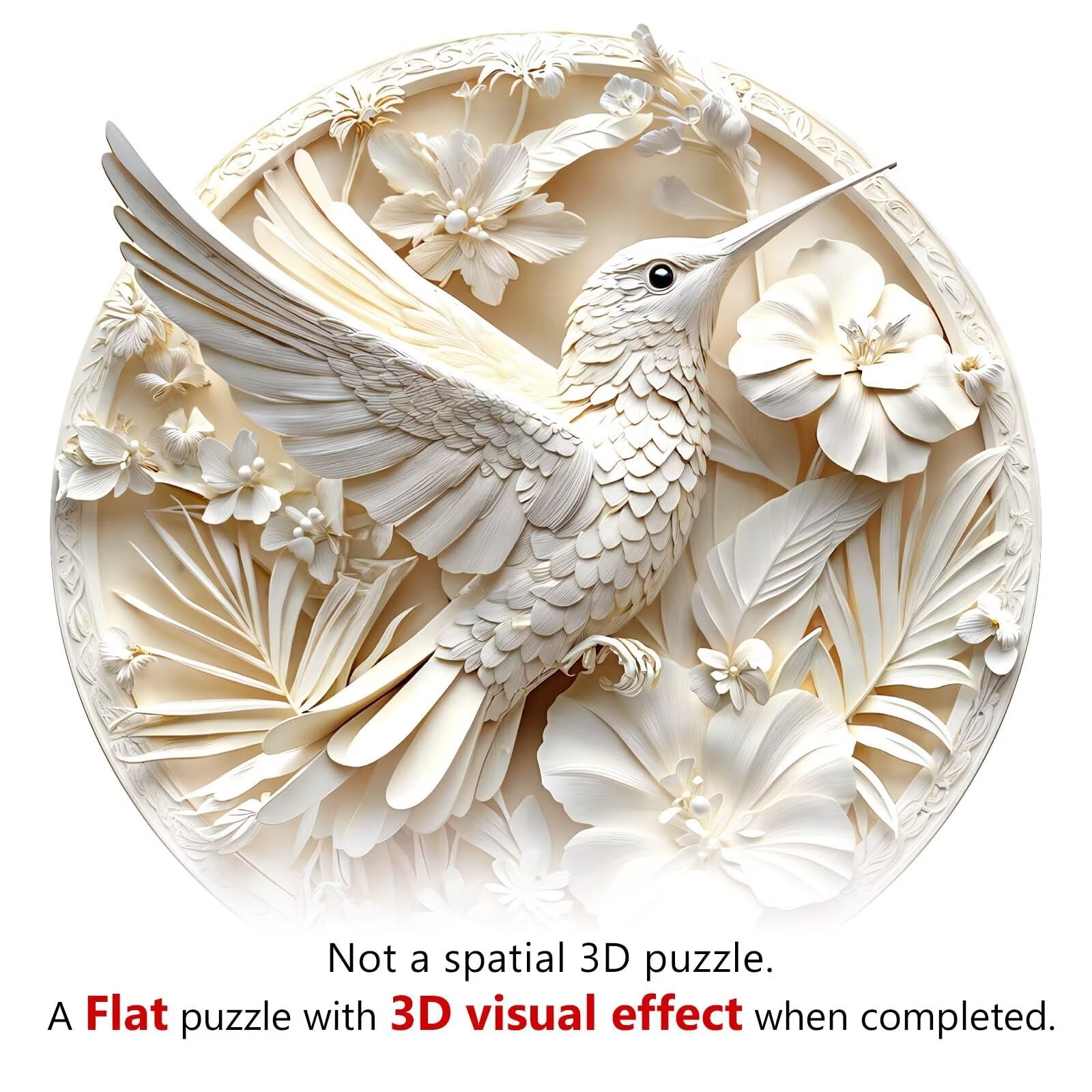 Jollitot 3D hummingbird puzzle side view highlights intricate cut lines for a precise fit.