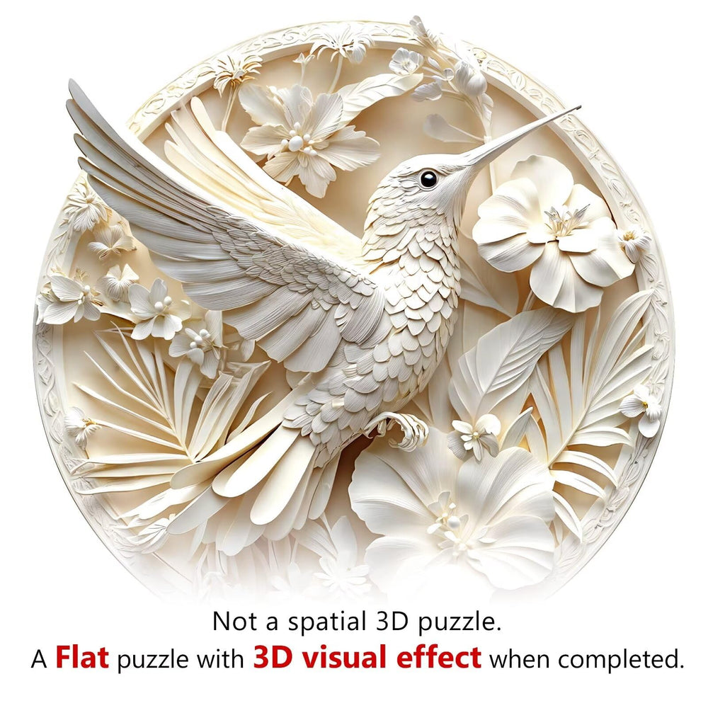 Jollitot 3D hummingbird puzzle side view highlights intricate cut lines for a precise fit.