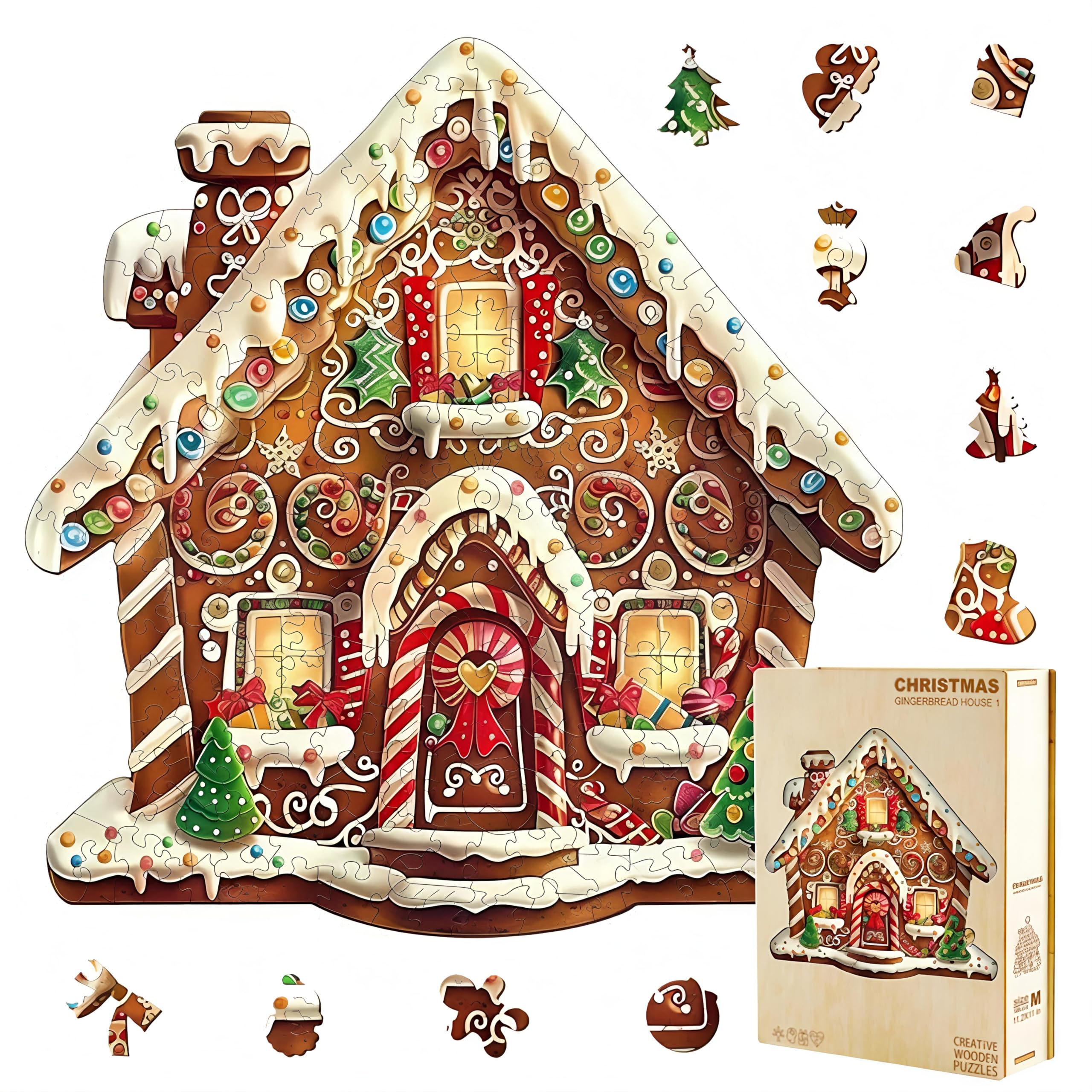 Jollitot Gingerbread House Puzzle in a wooden box, ideal for holiday gifting.