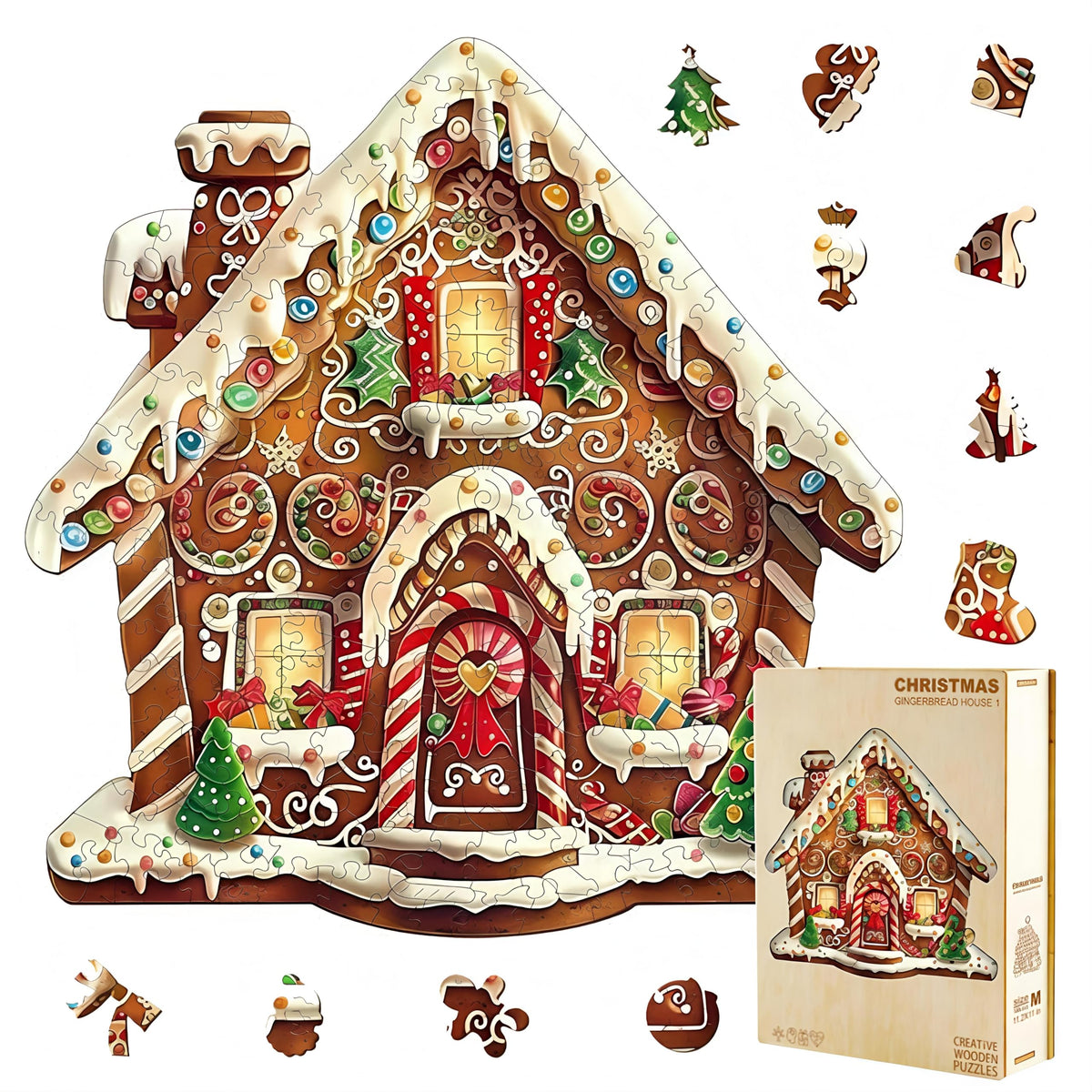 Jollitot Gingerbread House Puzzle in a wooden box, ideal for holiday gifting.
