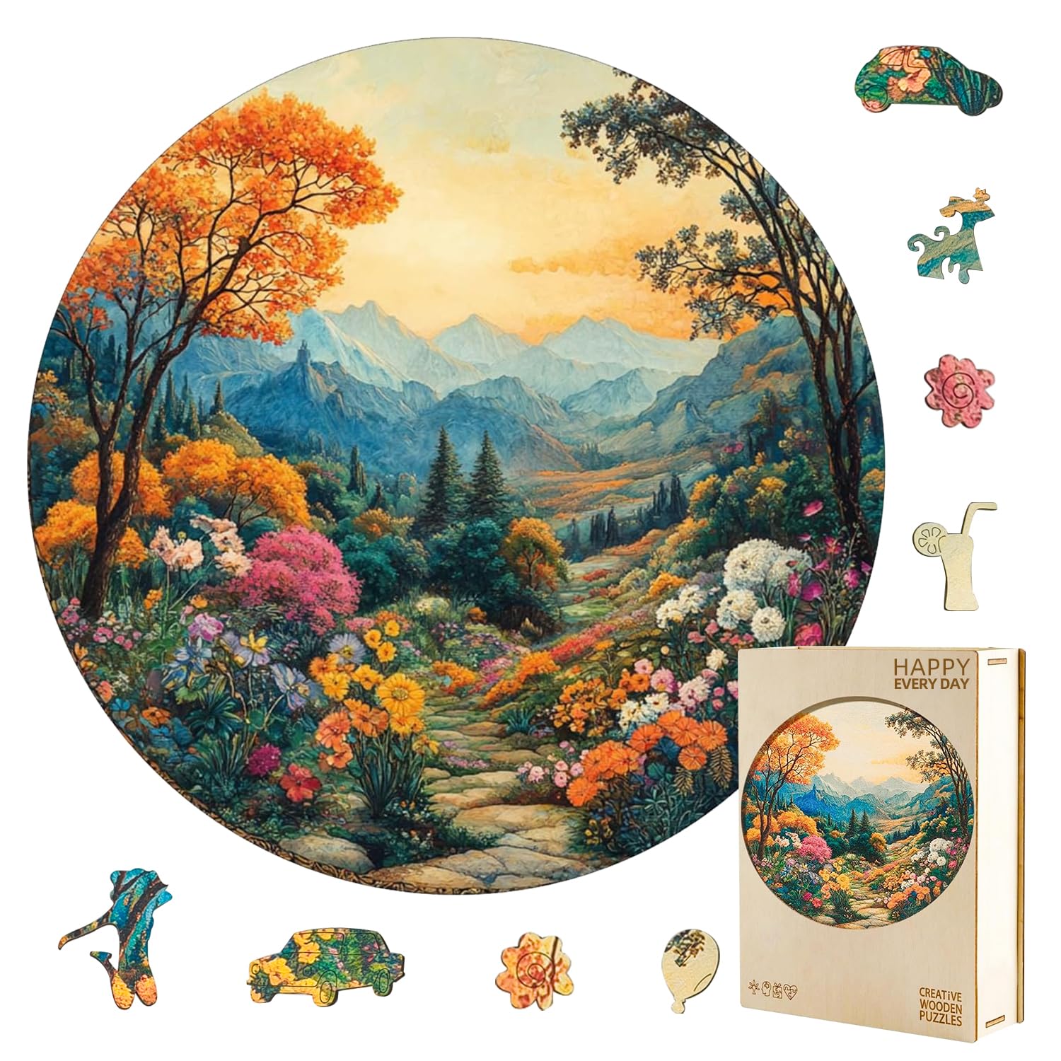Jollitot round puzzle features mountain landscape, ideal for relaxing evenings.