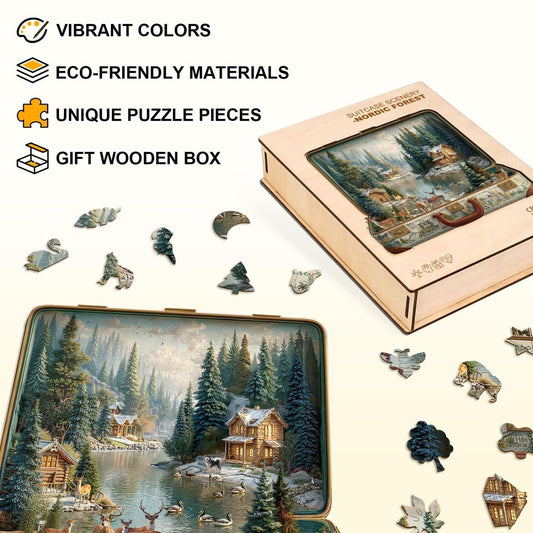 Jollitot Nordic forest lake scene puzzle artwork supporting mindful focus during downtime.