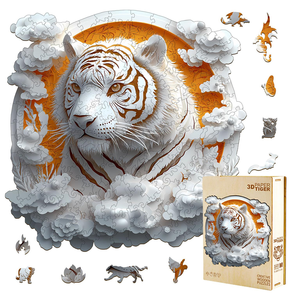 Jollitot White Tiger 3D paper-cut puzzle shown as wall decor for stylish homes.