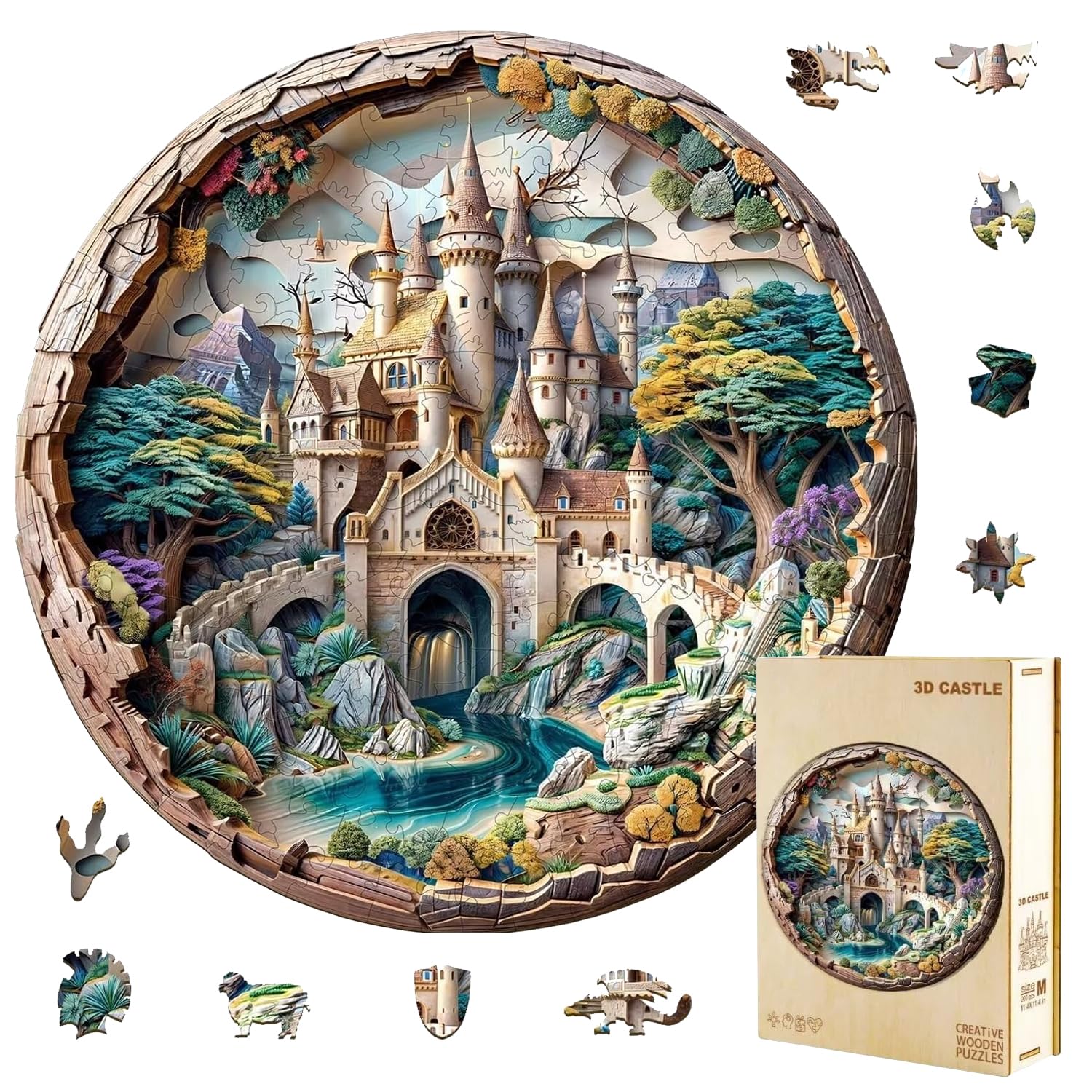 Jollitot wooden round castle puzzle ready for wall display and mindful evenings