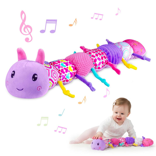 Jollybaby Caterpillar musical toy with crinkle textures for sensory exploration.