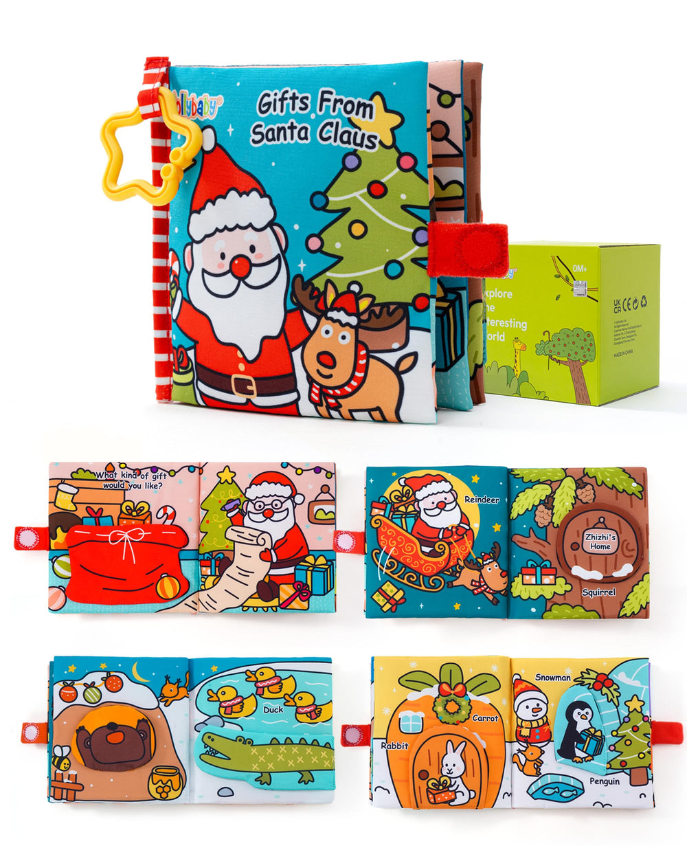 Jollybaby Christmas cloth book with crinkle pages for sensory exploration during play.