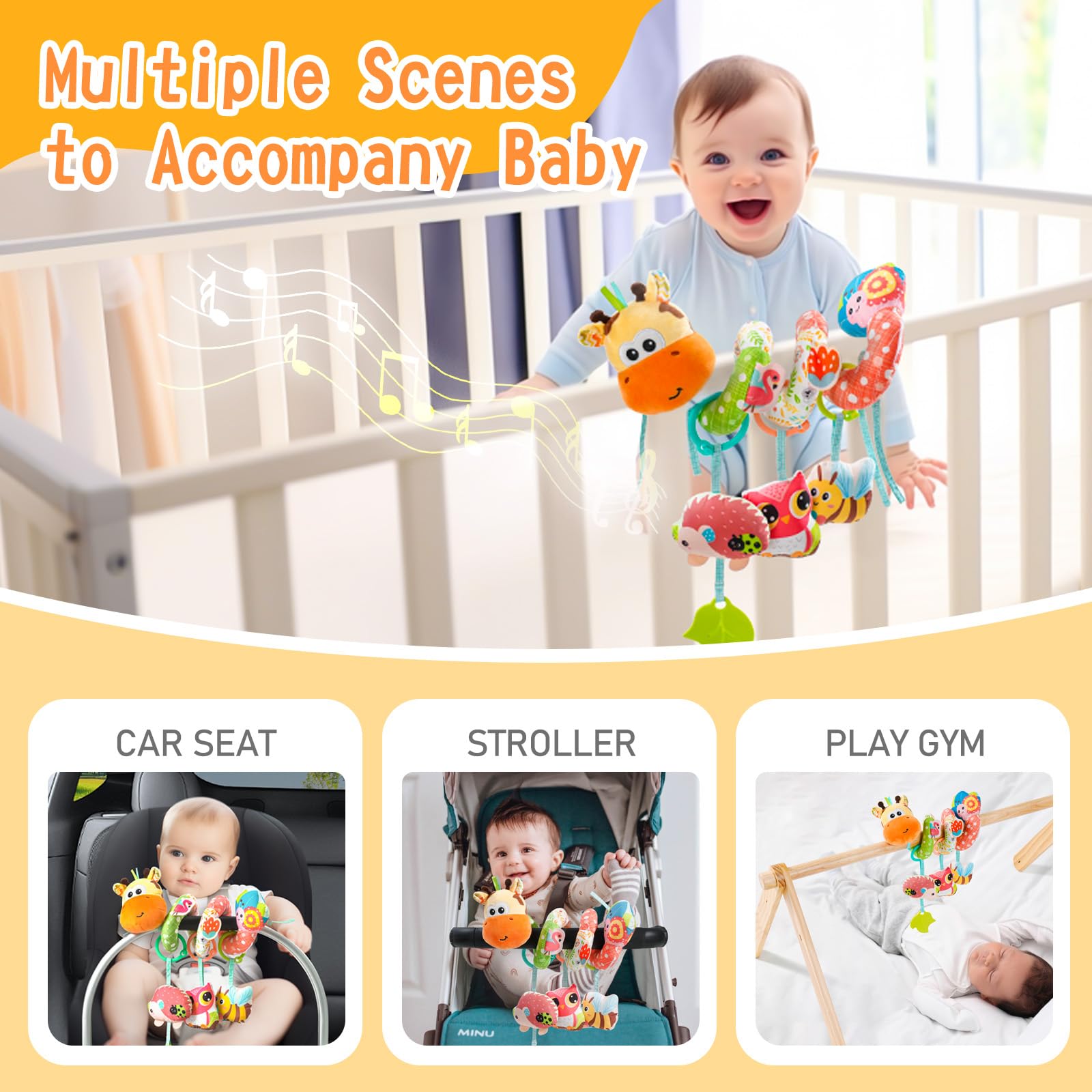 Jollybaby crinkle-texture toy offers tactile exploration during playtime.