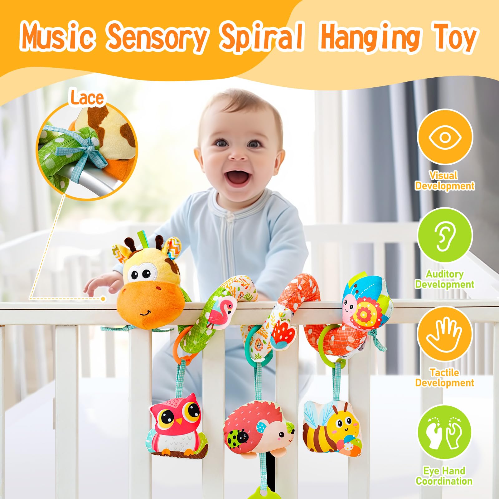 Jollybaby music box toy highlights soft melodies for on-the-go moments.