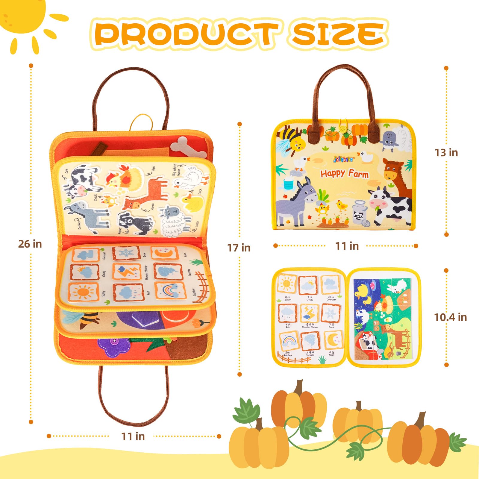 Jollybaby Portable quiet book folded into compact carry bag for travel
