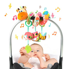 Jollybaby spiral carseat toy yellow encourages visual tracking and grasp.