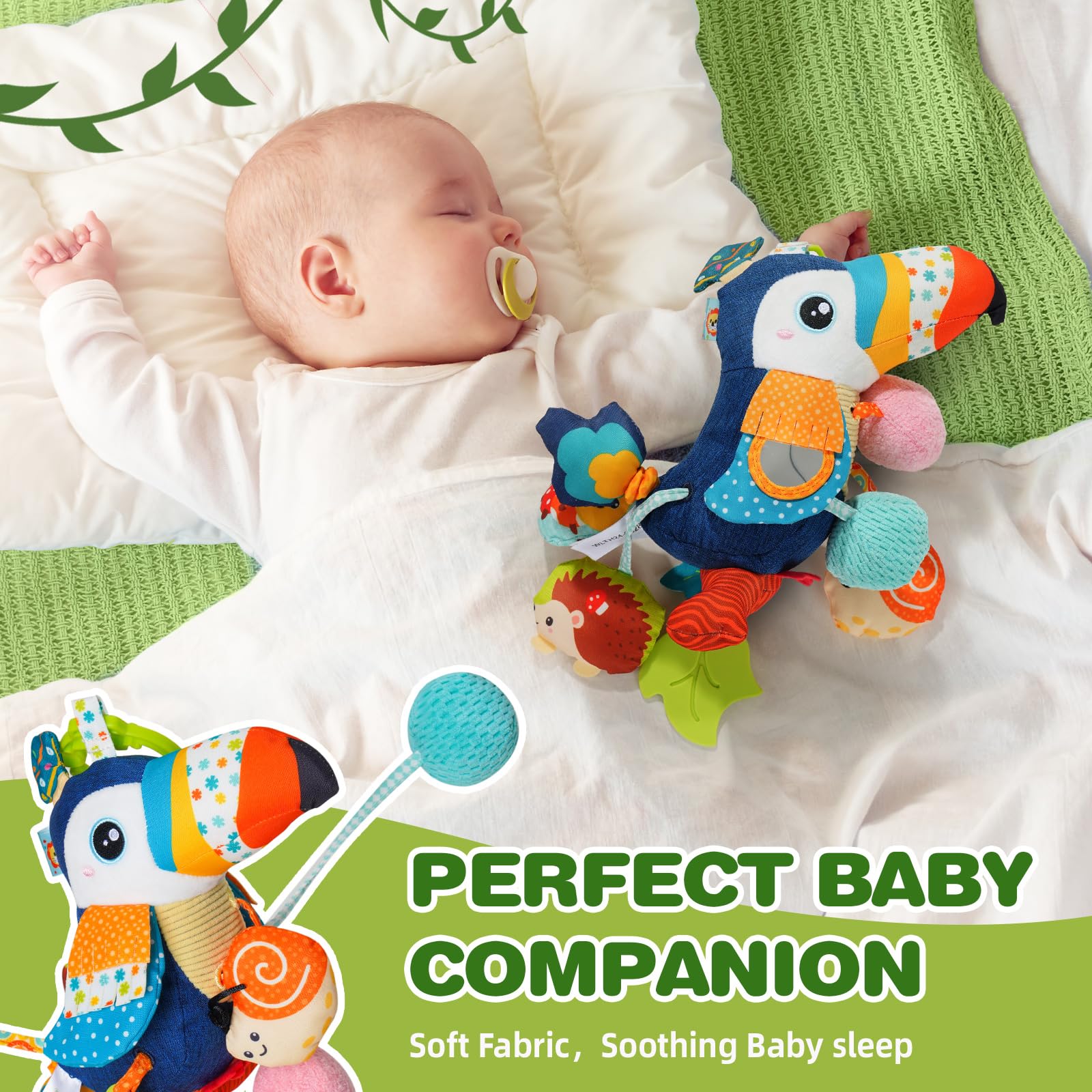 Jollybaby Montessori-inspired toucan toy promotes reach and upper-body strength.