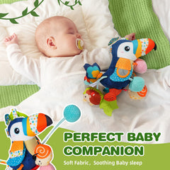 Jollybaby Montessori-inspired toucan toy promotes reach and upper-body strength.