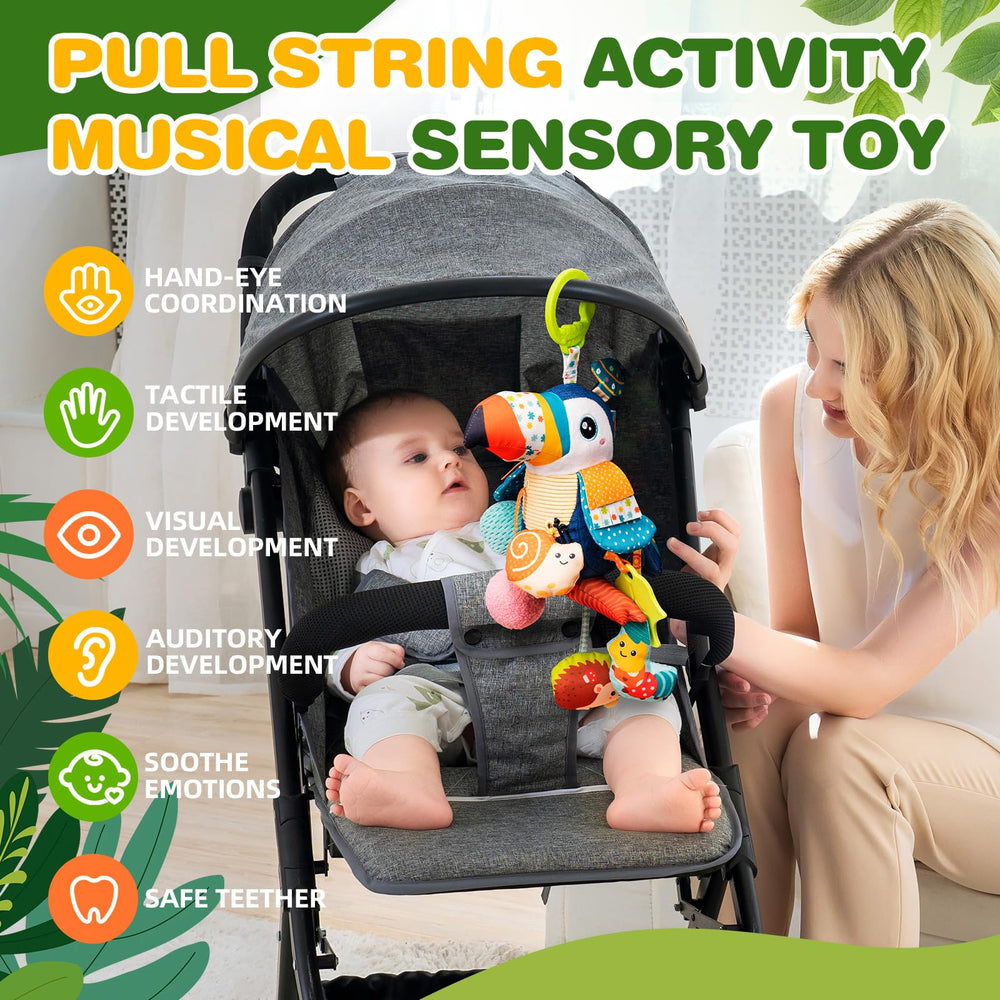 Jollybaby Toucan musical hanging toy attached to car seat offering soothing sounds.
