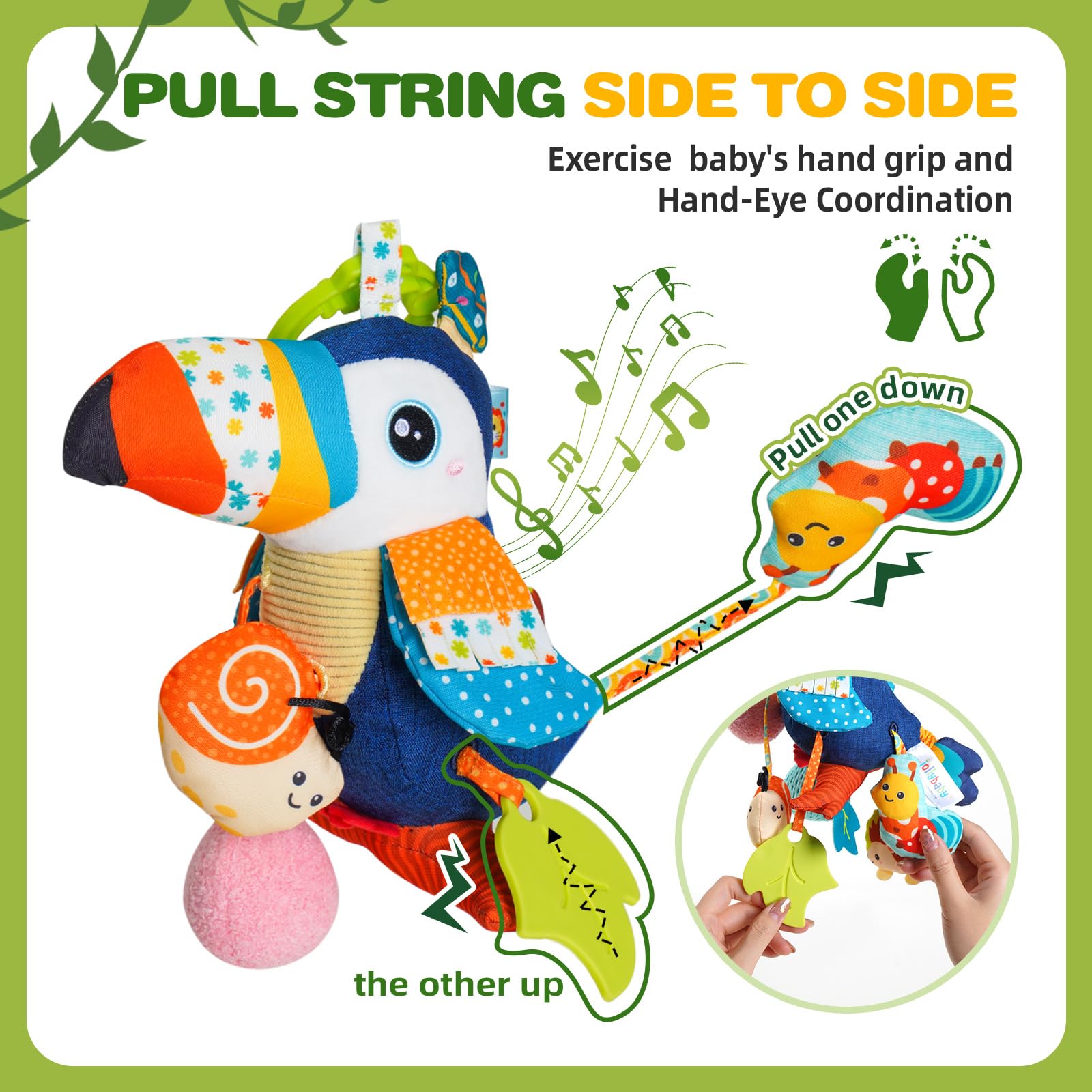 Jollybaby Toucan musical hanging toy on crib providing visual grab-and-drag play.