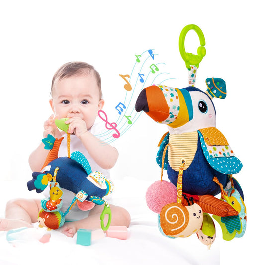 Jollybaby Toucan musical hanging toy on stroller with vibrant colors for sensory exploration.