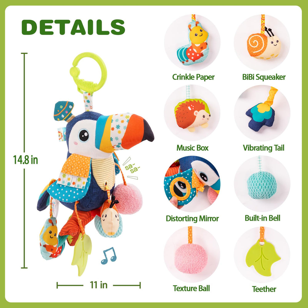 Jollybaby Toucan pull-string music box encouraging grasping and cause-and-effect play.