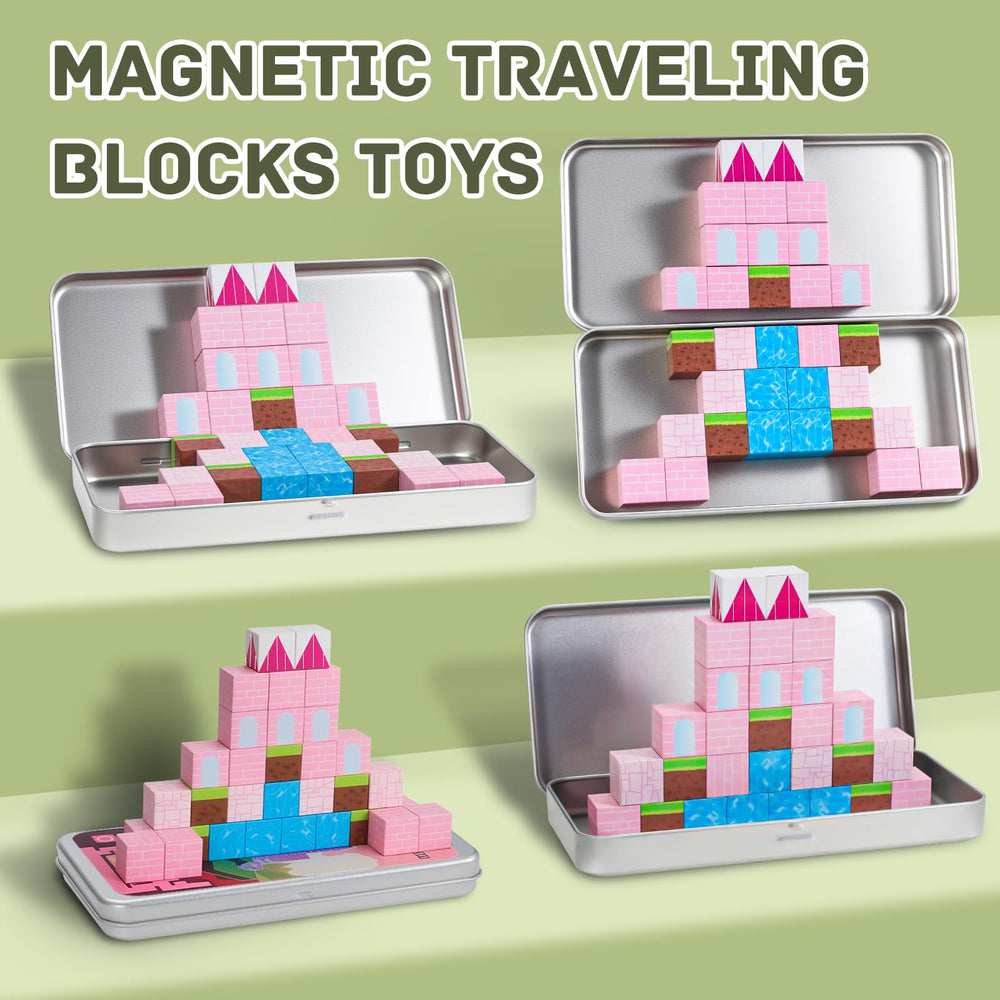 Jollynamy travel magnetic blocks on iron case build platform enabling quick castle creations