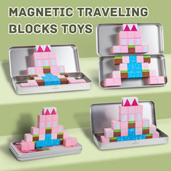 Jollynamy travel magnetic blocks on iron case build platform enabling quick castle creations